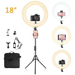 Ring Light 18" with Tripod Stand, Dimmable LED Ring Light 3 Light Modes 2700-5500K with Carry Bag for Camera, iPhone, Ipad, Photography, Selfie, Video Shooting, Makeup & YouTube