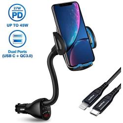 WALOTAR USB C PD Car Cigarette Lighter iPhone Mount Holder- Fast Car Charger 45W Power Delivery Dual Port(USB TypeC+QC3.0),Adjustable Cell Phone Cradle with USB C to Lightning Cable