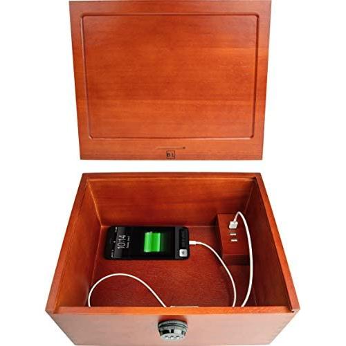Multi Device Charging Box with Lock - Locking Cell Phone Charging Station Wooden Stash Box with Lock Large Safe Box with USB Charger Wood Stash Boxes