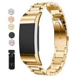 Jiarusig Compatible with Fitbit Charge 2 Bands, Stainless Steel Metal Bands Strap Men Women Replacement Bracelet Small Large Wristband Accessories Band Compatible with Fitbit Charge 3, Gold