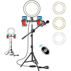 10" Selfie Ring Light with Tripod Stand and Double Phone Holder for Live Stream/Online Meeting/Video/Camera/YouTube, Compatible for iPhone Android Phone Ringlight Flashes