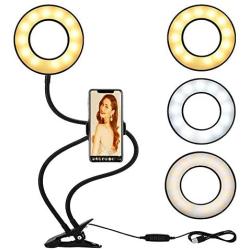 Silvom Selfie Ring Light Clamp on, 10-Level Brightness 3-Light Mode LED Ring Lamp with Phone Holder Flexible Gooseneck Arm, Perfect for Live Streaming, Facebook, Podcast & Video Lives, Makeup (Black)