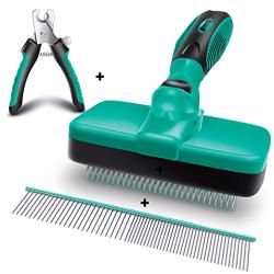 Ruff n Ruffus Self-Cleaning Slicker Brush + 2 Free Bonuses | 7.5" Steel Comb + Pet Nail Clippers | Grooming Supplies Great for Cats Dogs & All Breeds & Hair Types (Grooming Set (with FREE Bonus))