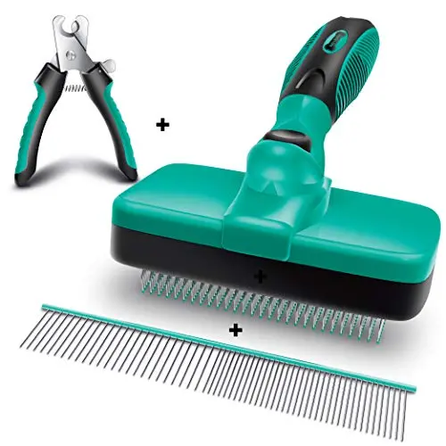 Ruff n Ruffus Self-Cleaning Slicker Brush + 2 Free Bonuses | 7.5" Steel Comb + Pet Nail Clippers | Grooming Supplies Great for Cats Dogs & All Breeds & Hair Types (Grooming Set (with FREE Bonus)) Ruff n Ruffus Self-Cleaning Slicker Brush + 2 Free Bonuses | 7.5" Steel Comb + Pet Nail Clippers | Grooming Supplies Great for Cats Dogs & All Breeds & Hair Types (Grooming Set (with FREE Bonus))