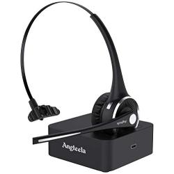 Trucker Bluetooth Headset, Angteela Wireless Headset with Microphone, Wireless Cell Phone Headset with Noise Canceling Mic Charging Base Mute Function for Home Office Call Center Skype