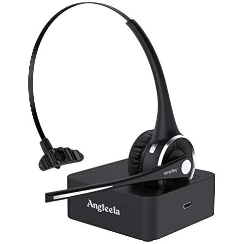 Trucker Bluetooth Headset, Angteela Wireless Headset with Microphone, Wireless Cell Phone Headset with Noise Canceling Mic Charging Base Mute Function for Home Office Call Center Skype