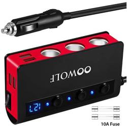 Cigarette Lighter Adapter, OOWOLF 3-Socket 180W 12V/24V DC Quick Charge 3.0 Power Car Splitter for GPS, Dash Cam, Sat Nav, Phone, iPad, Tablet (Black-Red)