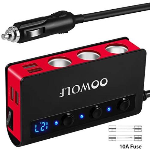 Cigarette Lighter Adapter, OOWOLF 3-Socket 180W 12V/24V DC Quick Charge 3.0 Power Car Splitter for GPS, Dash Cam, Sat Nav, Phone, iPad, Tablet (Black-Red)