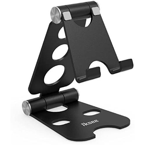 Adjustable Cell Phone Stand, iKsee Smartphone Tablet Stand, Dual Foldable Phone Holder, Cradle for iPhone 12 11 Pro XS Max 8 X 7 6 6s Plus 5 5s 5c Tablet E-Reader(4-13"), Desk Accessories-Black