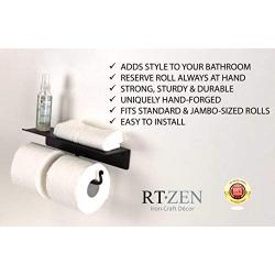 RTZEN Wrought Iron Double Toilet Paper Holder with Shelf | Black Rot Metal 2 x TP Roll Hangers | Wall Mounted Rod Handmade Roll Hanger | Perfectly Fits Smartphone, Wipes, Soaps, Air Freshener