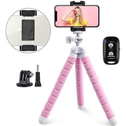 Phone Tripod, UBeesize Portable and Adjustable Camera Stand Holder with Wireless Remote and Universal Clip, Compatible with iPhone, Android Phone, Sports Camera GoPro - Pink 2020