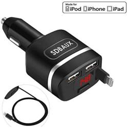 SDBAUX Car Charge, with 2.8 ft Retractable Cable Compatible/Replacement for iPhone Xs Max XR X 8 7 6 Plus 5S, 2 USB Ports for Samsung Galaxy LG Google Pixel Nexus and More