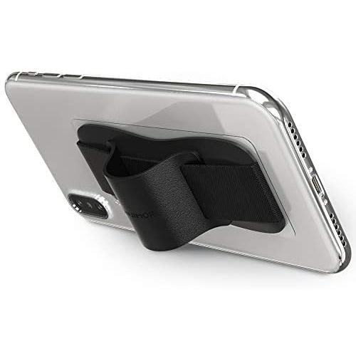 Sinjimoru Phone Grip Stand, Secure Handy Phone Strap for iPhone and Android, Phone Holder with Leather Phone Stand. Sinji Grip Black