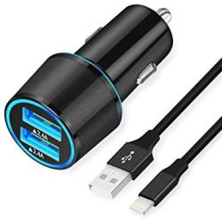 Fast USB Car Charger, 24W/4.8A Phone Automobile Chargers with 3.3ft Braided Cable, Compatible for Apple iPhone 11/Pro/Max/SE 2020/XS/XR/X/8/Plus/7/6/S, iPad/Mini/Air Dual Port Rapid Charge Car Adapter