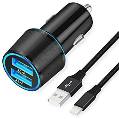 Fast USB Car Charger, 24W/4.8A Phone Automobile Chargers with 3.3ft Braided Cable, Compatible for Apple iPhone 11/Pro/Max/SE 2020/XS/XR/X/8/Plus/7/6/S, iPad/Mini/Air Dual Port Rapid Charge Car Adapter