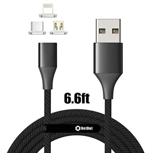NetDot Gen10 3 in 1 Nylon Braided Magnetic Fast Charging Cable with Side LED Compatible with Micro USB & USB-C Smartphones and i-Product(6.6ft/1 Pack Black)