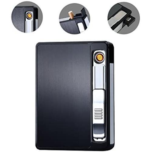 KAKAKA Cigarette Case/Cigarette Holder/Cigarette Box with Electric Lighter Rechargeable, Flameless, Windproof (Black)