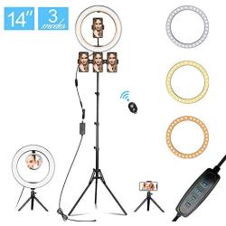 14.3" LED Selfie Ring Light with Tripod Stand&Phone Holder&Makeup Mirror for Live Streaming&YouTube Video, Dimmable Makeup Ring Light for Photography, Shooting with 10 Brightness Level & 3 Light Modes