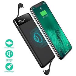 Wireless Portable Charger,Portable Charger,SANAG 10000mAh Wireless Battery Pack with Micro USB to Type-C Adaptor QC 2.0 Ports and LED Displaly,Built in Cables for iPhone,iPad,Samsung and More