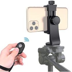 Universal Phone Tripod Mount Adapter with Bluetooth Camera Remote, Cell Phone Holder with Adjustable Clamp for Selfie Stick Monopod Compatible with iPhone, Samsung and so on, Wrist Strap Included