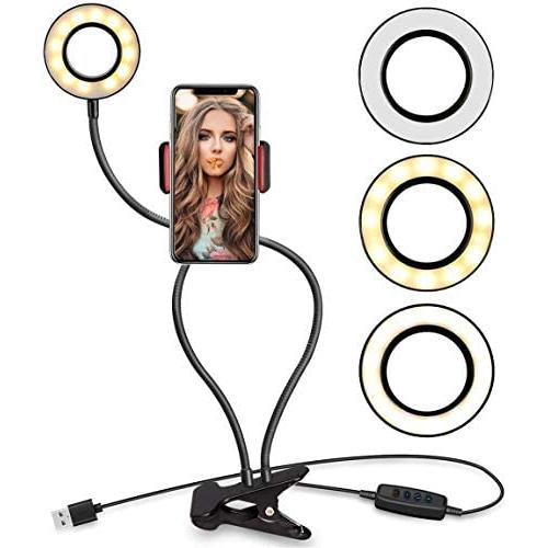 Selfie Ring Light with 24” Gooseneck Stand & Cell Phone Holder Makeup Light, Social Media Influencer Live-Streaming Phone Mount and Light Kit