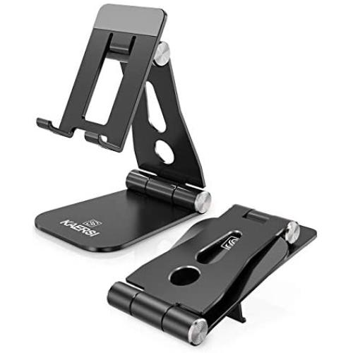 KAERSI Cell Phone Stand, 2 Hinge Adjustable, Foldable Phone Stand Holder Cradle Dock for Desk, Home, Office, Travel. Compatible with Smartphone Android, iPhone 11 Xs XR 8 7 Plus, Tablet iPad (Black)