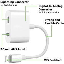 [Apple MFi Certified] iPhone Headphones Adapter & Splitter, 2 in 1 Lightning to 3.5mm Headphone Audio & Charger for iPhone 11/11 Pro/X/XR/XS/8, iPad, Support All iOS & Sync & Music Control