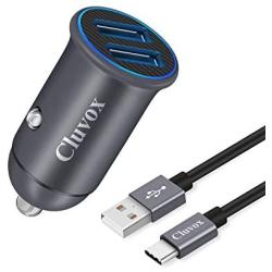 Cluvox Adaptive Fast Charging Car Charger, Dual QC3.0 Port Compatible for Samsung Galaxy S20/Plus/Ultra, S10+/S10e/S9/S8, Note10/9/8, A20/A50/A70/A10e, Mini All Metal Car Adapter with 3ft USB C Cord