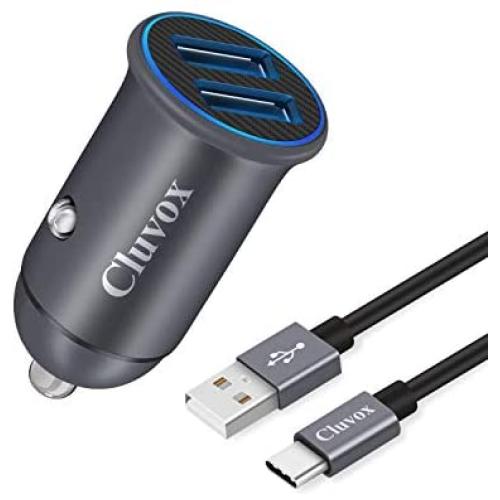 Cluvox Adaptive Fast Charging Car Charger, Dual QC3.0 Port Compatible for Samsung Galaxy S20/Plus/Ultra, S10+/S10e/S9/S8, Note10/9/8, A20/A50/A70/A10e, Mini All Metal Car Adapter with 3ft USB C Cord