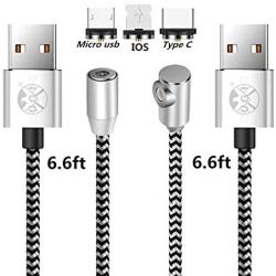 UGI Magnetic Charger Cable 3 in 1 Charging Cable Nylon Braided LED Lighting Cord Compatible with Android,Micro USB,Type C/USB C,i- OS Smartphone Devices (6.6ft L-Shape+3.3ft/6.6ft Straight,3 Pack)