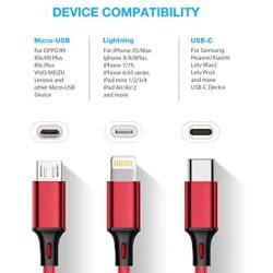 2Pack 4FT Multi USB Charging Cable 3A, 3 in 1 Fast Charger Cord Connector with Phone 11/XS/X/8/7/6/Type C/Micro USB Port Adapter, Compatible with Tablets/Samsung Galaxy/Google Pixel/LG/Huawei and More