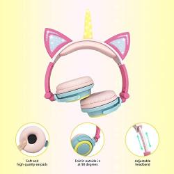 ONTA Unicorn Kids Headphones, Cat Ear LED Light Up Foldable Earphone Wired Over On Ear for Girls Boys,Kids Headband Toddler Tablet for School Supply/Travel/Holiday/Birthday/Cosplay Gifts