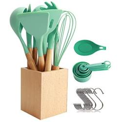 Utensils Set for Cooking with Silicone Head, Wood Handle and Wooden Container (23 Pieces + Bonus Hanging Hooks) - Kitchen Utensil Tools Set - Green