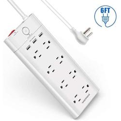 8-Outlet Surge Protector Power Strip with 3 Fast USB Charging Port/1050 Joules and 6-Foot Heavy Duty Extension Cord, FCC ETL Listed, (White)