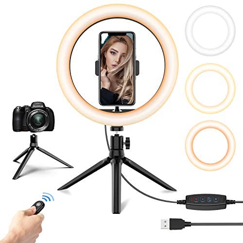 10.2 LED Selfie Ring Light with Tripod Stand & Phone Holder - Dimmable Desk Makeup Ring Light with 3 Light Modes for Photography/Shooting/Live Streaming/YouTube Video, Compatible with iPhone Android