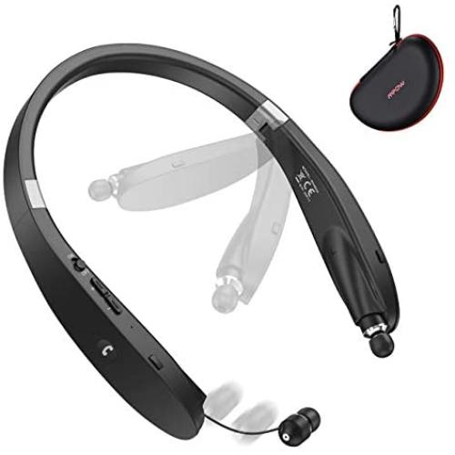 Bluetooth Headphones, Mpow Wings Foldable Wireless Neckband Headset W/Retractable Earbuds, V5.0 Bluetooth Headset Neckband, 20H Playtime, cVc6.0 Noise Cancelling Mic, Carry Case for Home Office, Black