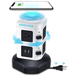 Surge Protector Tower GLCON Power Strip Tower Fast Wireless Charger + 4 USB 5V/5A Ports + 3000W 13A 6 Outlet Plugs + Charging Tower with 6ft Long Extension Cord for Home Office