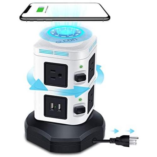 Surge Protector Tower GLCON Power Strip Tower Fast Wireless Charger + 4 USB 5V/5A Ports + 3000W 13A 6 Outlet Plugs + Charging Tower with 6ft Long Extension Cord for Home Office