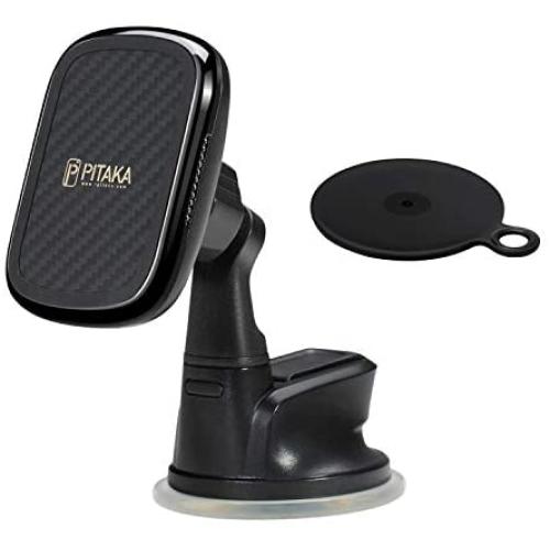 Wireless Charging Magnetic Car Mount PITAKA MagEZ Mount Qi Only Compatible with MagEZ Case/MagEZ Case Pro Fast Charging Phone Holder with USB A-C Cable Suction Cup for iPhone Galaxy Smartphone