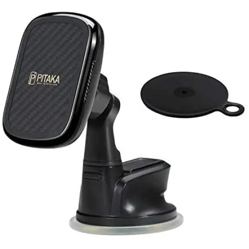 Wireless Charging Magnetic Car Mount PITAKA MagEZ Mount Qi Only Compatible with MagEZ Case/MagEZ Case Pro Fast Charging Phone Holder with USB A-C Cable Suction Cup for iPhone Galaxy Smartphone
