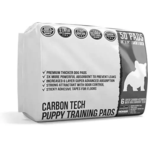 Bulldoglogy Premium Carbon Black Puppy Pee Pads with Adhesive Sticky Tape - Large Housebreaking Dog Training Wee Pads (24x24) 6 Layers with Extra Quick Dry Bullsorbent Polymer Technology Bulldoglogy Premium Carbon Black Puppy Pee Pads with Adhesive Sticky Tape - Large Housebreaking Dog Training Wee Pads (24x24) 6 Layers with Extra Quick Dry Bullsorbent Polymer Technology