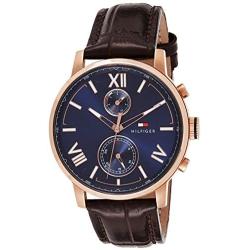 Tommy Hilfiger Mens Casual Stainless Steel Quartz Watch with Leather Calfskin Strap, Brown, 22 (Model: 1791308)