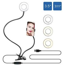 Cliusnra Flexible Selfie Ring Light: 3.5" Cell Phone Stand Desk Live Streaming Video Camera Laptop Computer Lamp Makeup Led Black Adjustable Arm Night Round Fill Dimmable Mount Stick Holder Clip USB