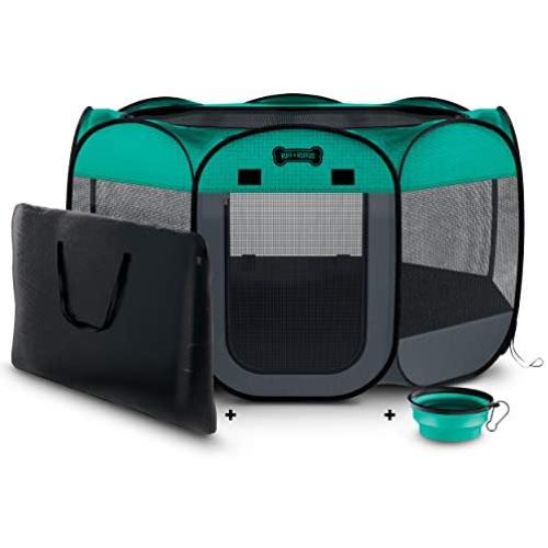 Ruff n Ruffus Portable Foldable Pet Playpen + Carrying Case & Collapsible Travel Bowl | Indoor/Outdoor use | Water Resistant | Removable Shade Cover | Dogs/Cats/Rabbit | Available in 3 Sizes