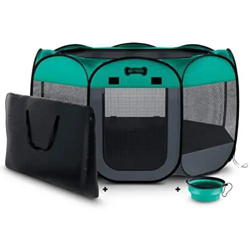Ruff n Ruffus Portable Foldable Pet Playpen + Carrying Case & Collapsible Travel Bowl | Indoor/Outdoor use | Water Resistant | Removable Shade Cover | Dogs/Cats/Rabbit | Available in 3 Sizes