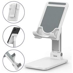 Tekpluze Cell Phone Stand for Desk,Foldable Aluminum Cell Phone Holder,Non-Slip Silicone Base with Multi-Angle and Height Adjustable, Compatible with All Smartphone,iPhone and Tablet (4-12") - White