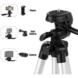 Coching Phone Tripod, 42 Inch 106cm Aluminum Lightweight Tripod for iPhone/Cellphone, Camera and GoPro, Quick Release Plate, Bluetooth Remote Control, Phone Clip and Gopro Mount, Carrying Bag (Silver)