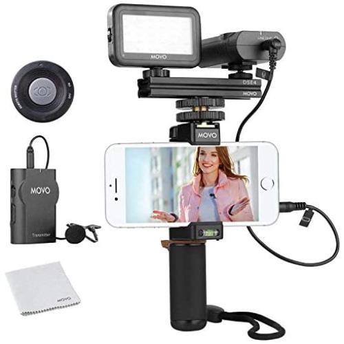 Movo Wireless Smartphone Video Kit V2 with Grip Rig, Wireless Lavalier Microphone, LED Light and Wireless Remote - YouTube Equipment for iPhone 5, 5C, 5S, 6, 6S, 7, 8, X, XS, XS Max, Samsung Galaxy