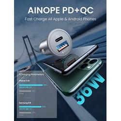 USB C Car Charger Super Mini AINOPE All Metal 36W Fast USB Car Charger PD&QC 3.0 Dual Port Car Adapter Fit Compatible with iPhone 11/11 Pro/Max/XS, Samsung Note 10/S10, Google Pixel 3/2/XL-Silver