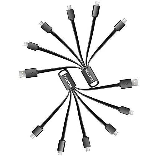 CHAFON Multi Charging Cable Short 3A,6 in 1 USB Charger Cord with 2 USB C,2 Phone,Micro Adapter Ports Replacement for Cell Phone Tablets Speaker and More | Black,5.3 Inch, 2 Pack